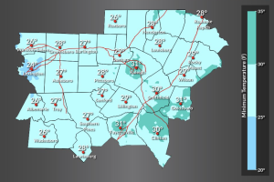 El NWS publicó un mapa en el que se identifican las temperaturas mínimas que se anticipan en Carolina del Norte la mañana del 11 de noviembre.