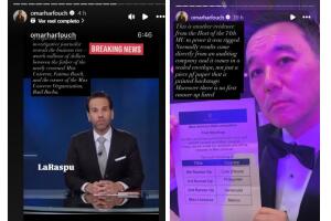 Omar Harfouch mencionó la investigación del periodista Carlos Loret de Mola sobre el padre de Fátima Bosch y mostró una foto del presentador de Miss Universe 2025.