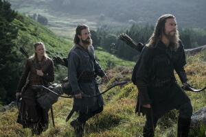 Frida Gustavsson as Freydis Eriksdotter, Leo Suter as Harald Sigurdsson, Sam Corlett as Leif Eriksson in episode 201 of Vikings Valhalla. Cr. Bernard Walsh Netflix.jpg