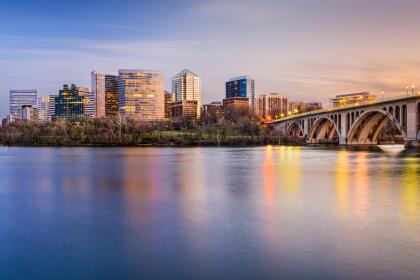 Rosslyn, Arlington, Virginia, USA city skyline on the Potomac River.