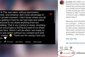 Este fue el mensaje que JLo habría escrito en Instagram y que fue recuperado por una cuenta de fans de la cantante. Se observa que la propia artista le dio 'me gusta' a la publicación.