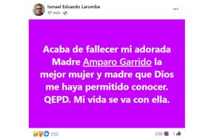 Hijo de Amparo Garrido informa sobre la muerte de su madre