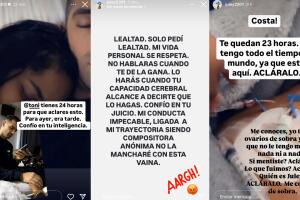 Estos son la serie de mensajes en los que Juley Mejía le exige a Toni Costa "aclarar" aparentemente el tipo de relación que habrían tenido.