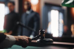 Cinematic Court of Law and Justice Trial: Judge Ruling Out a Positive Decision in a Civil Family Case, Close Up of a Striking Gavel to End Hearing.