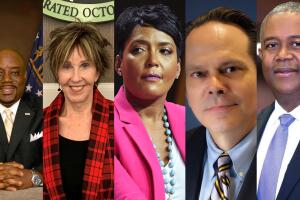 De izquierda a derecha: Van Johnson, alcalde de Savannah, Shirley Sessions, alcalde de Tybee Island, Keisha Lance Bottoms, alcalde de Atlanta, Bo Dorough, alcalde de Albany y Hardie David, alcalde de Augusta.