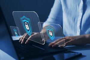 Cyber security  firewall interface protection concept. Businesswoman protecting herself from cyber attacks. Personal data security and banking.