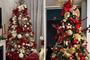 Árboles de Navidad con adornos rojos, blancos y dorados