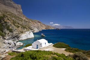 Idyllic coast with church in Amorgos island in Greece