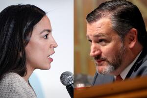 Alexandria Ocasio-Cortéz, representante progresista por Nueva York, izq, y Ted Cruz, senador conservador por Texas. 