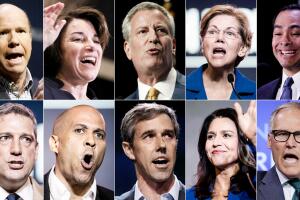 Candidatos presidenciales demócratas que van al primer debate en Miami.