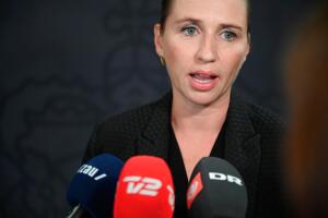 Denmark's Prime Minister Mette Frederiksen holds a news conference on explosion outside the Danish Tax Agency's office, at the Mirror Hall at Christiansborg in Copenhagen
