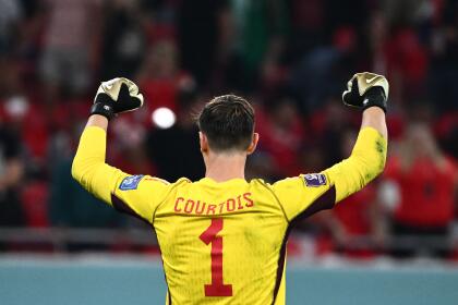 Belgium's goalkeeper #01 Thibaut Courtois reacts after the Qatar 2022 World Cup Group F football match between Belgium and Canada at the Ahmad Bin Ali Stadium in Al-Rayyan, west of Doha on November 23, 2022. (Photo by Jewel SAMAD / AFP) (Photo by JEWEL SAMAD/AFP via Getty Images)