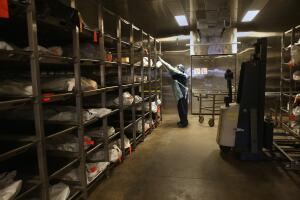 Trabajadores forenses en la morgue .