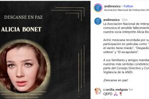 Así se anunció la muerte de la veterana actriz Alicia Bonet.
