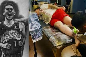 Joven de Arizona se tatúa a Devin Booker de los Phoenix Suns en la pierna durante la fiebre del las Finales de la NBA 2021 