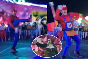 Hombre disfrazado como Mario Bros se hace viral por bailar como 'La Monja de la Feria'.