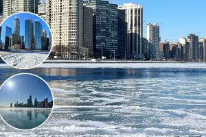 El extremo frío que azota a Chicago deja fotografías de postal: El Lago Michigan cubierto de nieve y congelado en la orilla