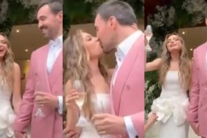 Sofía Castro y Pablo Bernot se dieron un romántico beso ante la prensa tras su boda.  