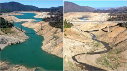 A la izquierda, el Puente Enterprise que cruza el Lago Oroville como lucía el 27 de abril de 2021; a la derecha, la misma zona el pasado 22 de julio.