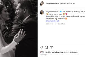 Dayana Mendoza compartió esta primera foto de su boda con el pastor Carlos Uribe.  