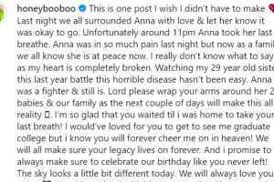 Alana 'Honey Boo Boo' Thompson también despidió así a su hermana Anna.