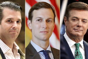 El hijo mayor del presidente Donald Trump Jr (izquierda), el yerno del mandatario Jared Kushner (centro), y el exjefe de campaña del republicano Paul Manafort (derecha)