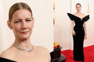 La actriz Sandra Hüller también apareció con un look en negro.