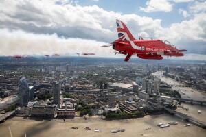 The Red Arrows of the Royal Air Force Aerobatic Team fly over London during Britain's Queen Elizabeth Birthday Flypast