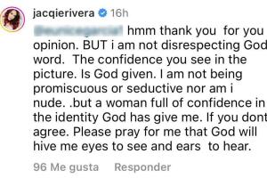 Esta fue la respuesta que dio Jacqie Rivera ante las críticas por su mensaje religiosa en las fotos en las que lució su 'outfit'.