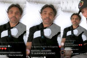 Eugenio Derbez apareció en la cama y con la mano inmovilizada para explicar cómo fue su accidente. 
