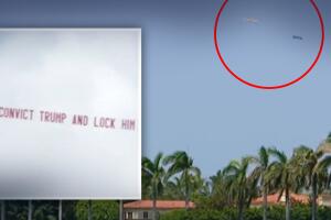 Pancartas sobre Mar-a-Lago para Donald Trump