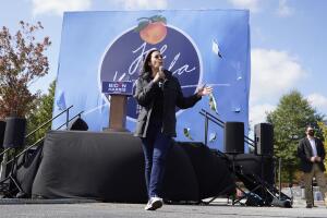 La candidata demócrata a la vicepresidencia Kamala Harris pronuncia un discurso el 1 de noviembre del 2020 en Duluth, Georgia.