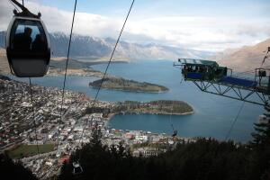 Aerial view of Queenstown and Lake Wakatipu with Bungee Jumping in Queenstown  New Zealand