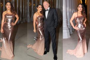 A diferencia del vestido de JLo, el de Salma tendió más hacia lo metálico y rosa. 