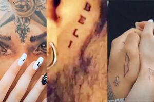 Estos son algunos de los tatuajes que Nodal se hizo en honor a Belinda. Al centro aparece el que se modificó en la oreja con palos de póker.
