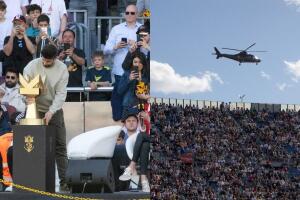 Piqué llegó al estadio en helicóptero junto a sus hijos Milan y Sasha para para presenciar la final de la 'Kings League'.