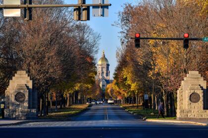 SOUTH BEND, INDIANA - NOVEMBER 07: A general view of the entrance to the campus of the University of Notre Dame before the game between the Notre Dame Fighting Irish and the Clemson Tigers at Notre Dame Stadium on November 7, 2020 in South Bend, Indiana. (Photo by Matt Cashore-Pool/Getty Images)