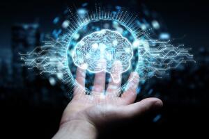 Businessman,On,Blurred,Background,Using,Digital,Artificial,Intelligence,Icon,Hologram