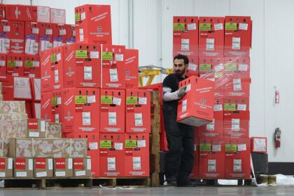 MIAMI, FLORIDA - FEBRUARY 12: FedEx team members stack boxes of flowers as they are imported through the FedEx Cargo Hub's cold room at Miami International Airport on February 12, 2025 in Miami, Florida. FedEx transfers millions of fresh flowers through the hub for Valentine's season by increasing air capacity from Colombia and Ecuador. They will transport over 2.2 million pounds of flowers from these countries in February. (Photo by Joe Raedle/Getty Images)