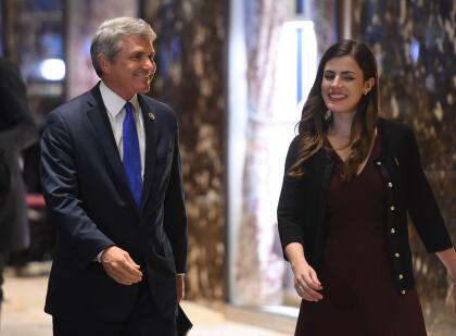 US Rep. Michael McCaul (R-TX), flanked by a presidential transition team aide Madeleine Westerhout, arrives at Trump Tower during another day of meetings with President-elect Donald Trump November 29, 2016 in New York. / AFP / TIMOTHY A. CLARY (Photo credit should read TIMOTHY A. CLARY/AFP/Getty Images)