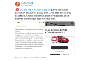 Paulina Goto denuncia que un Uber la puso en peligro