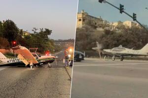 Captan el momento cuando una avioneta aterriza entre carros