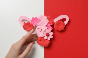 Paper uterus with flowers and female hand on white and red backg