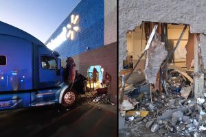 Un camión se chocó esta madrugada contra una pared de la tienda Walmart en Nogales. 