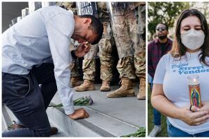 De rodillas flores incienso dinosaurio protestas contra ICE en Los Ángeles 