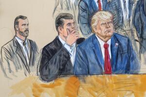 Una representación artística de Donald Trump y su abogado Todd Blanche durante la comparecencia ante el tribunal federal de Washington DC el 3 de agosto de 2023.