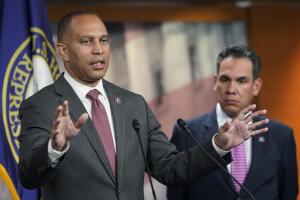 Caucus Chair Hakeem Jeffries, D-N.Y., left, Rep. Pete Aguilar, D-Calif., right