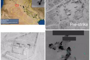 A combination of images depicts what the U.S. military says are bases of the Kataib Hezbollah militia group that were struck by U.S. forces, in the city of Al-Qa'im