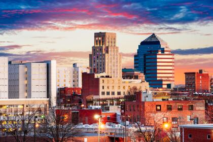 Durham, North Carolina, USA downtown skyline at dawn.