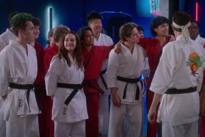 Jacob Bertrand as Eli 'Hawk' Moskowitz, Mary Mouser as Samantha LaRusso, Tanner Buchanan as Robby Keene, Xolo Maridueña as Miguel Diaz Netflix.jpg